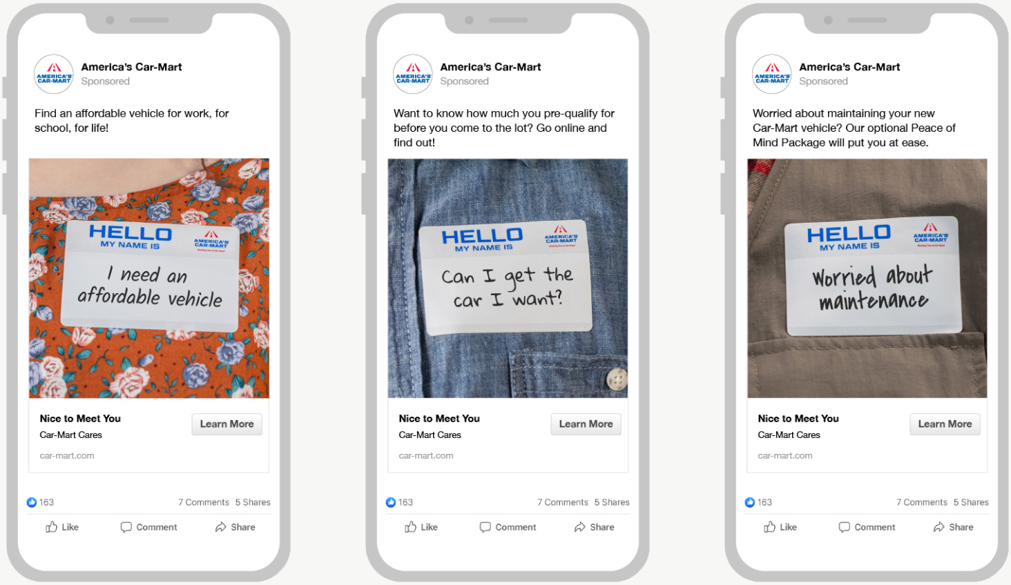 Mobile phone displays of America's Car-Mart Paid Social campaigns