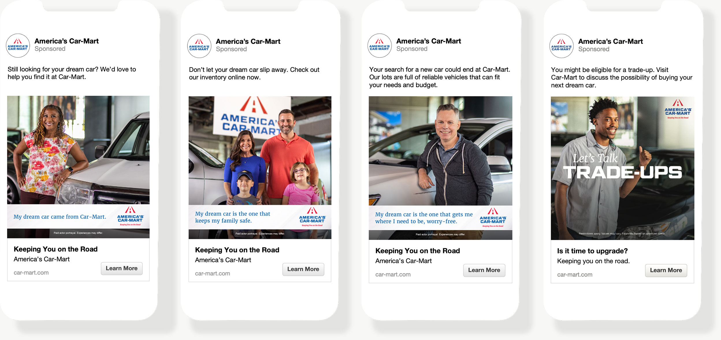 Mobile phone displays of America's Car-Mart Paid Social campaigns