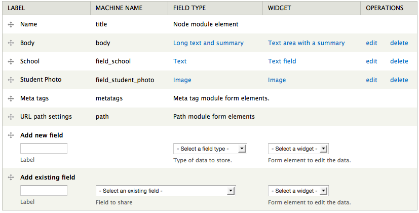 Example of custom content type configuration in Drupal